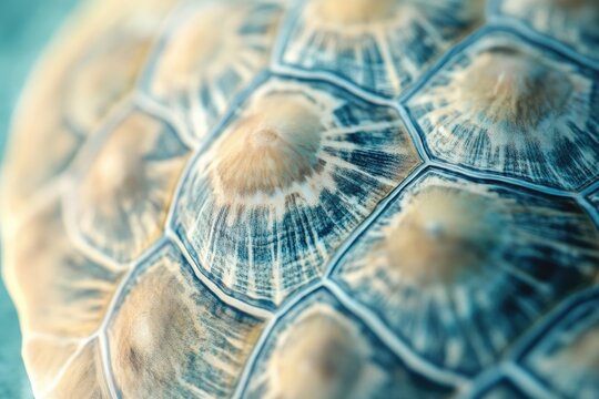 Close-up of a turtle shell exhibiting its intricate, hexagonal pattern and natural tones of brown and blue. 