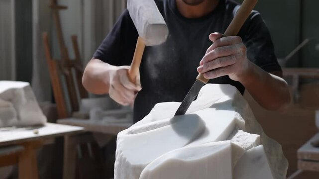 Sculptor carving marble stone block with mallet and chisel