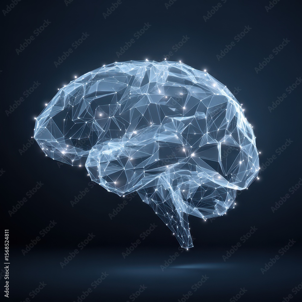 Poster futuristic low-poly brain: illuminated 3d anatomy with interconnected lines and stars on a deep blue