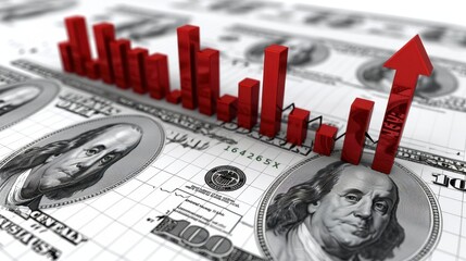 Red bar graph and upward arrow on hundred dollar bills pattern