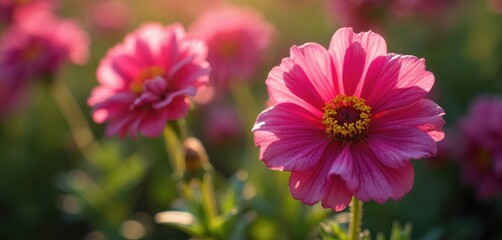 Obraz premium Vibrant fuchsia dianthus flowers bloom in May garden. Delicate petals unfurl in soft sunlight, showcasing a rich pink hue. Blurry green background with bokeh lights enhances the floral beauty.