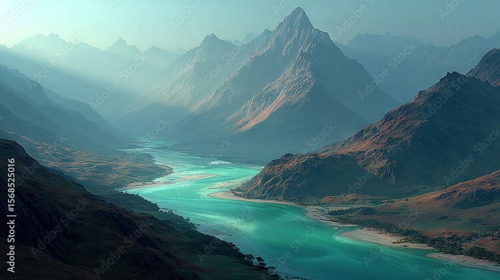 Poster an aerial perspective showcases a mountain range adjacent to a river in the foreground and a backdro