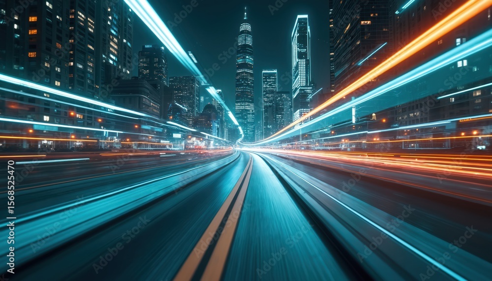 Poster experience hyper loop warp speed through futuristic mega city at night. blur light streaks from buil