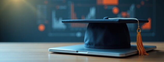 Online Education Success: Graduation Cap on Laptop with Data. Ideal for stock images illustrating the growth of online learning, digital academic achievements