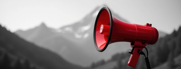 Strategic Outreach: Bold Megaphone in Nature Setting.  Excellent for use in presentations, articles, or marketing materials emphasizing impactful communication, brand awareness, strategic messaging