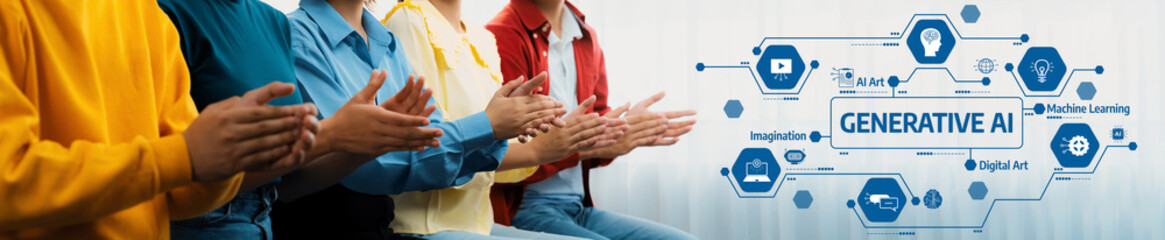 A diverse group of individuals applauding enthusiastically during a presentation on generative AI,...