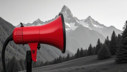 Echoing Message: Megaphone Against Mountain Backdrop. Suitable for use in content related to environmental advocacy, large-scale campaigns, public speaking
