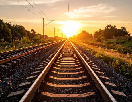 Train Tracks with Scenic Sunset View