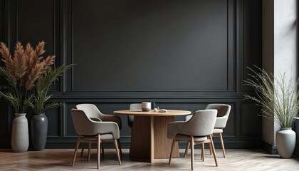Modern dining room interior features round wooden table with four grey upholstered chairs against dark grey paneled wall. Large vases with dried pampas grass, green plants flank seating area, adding