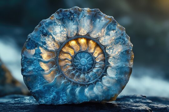 A captivating close-up reveals the intricate details of a fossilized ammonite shell, showcasing its exquisite spiral design.