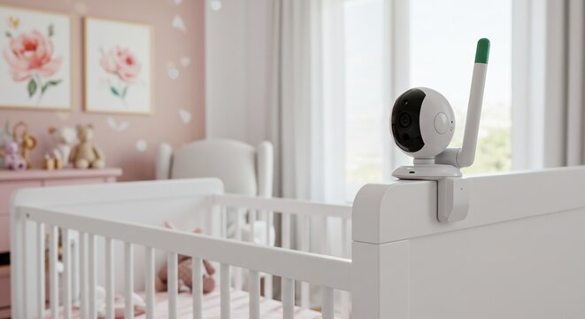 A baby ' s room with a white cribe and pink wallpaper showing baby monitor camera mounted on crib, nursery room decor, no text or brand captured with natural li
