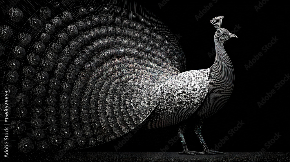 Poster a monochrome image of a peacock against a dark background, featuring numerous spiraling circle patte