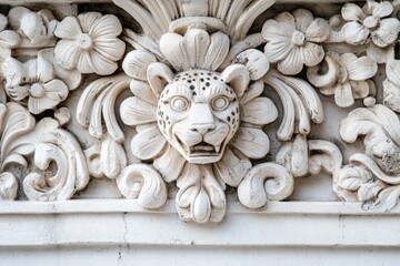 A detailed, intricate stone carving featuring a jaguar head surrounded by floral patterns, showcasing ornate architectural detail.