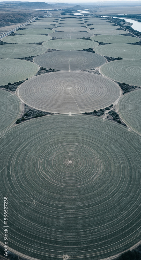 Poster aerial view of circular fields, showcasing concentric patterns created by irrigation, symbolizing ag