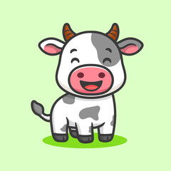 Obraz premium illustration of cute cartoon animal cow happy on green background