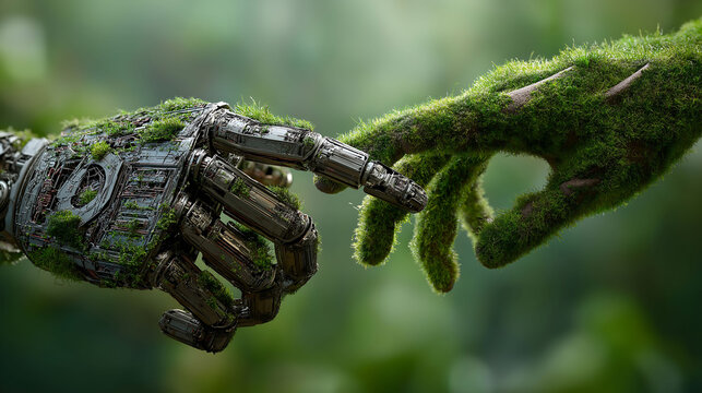 Robot hand and natural hand covered in grass reaching towards each other, symbolizing union of technology and nature - Powered by Adobe