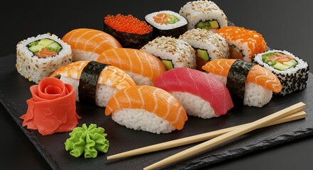 Diverse sushi platter featuring nigiri, rolls, and garnishes on a stone surface, ready to be enjoyed with chopsticks.