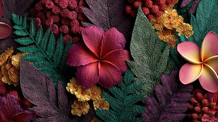   A zoom-in of several blossoms adorning a vertical surface, surrounded by foliage on both sides