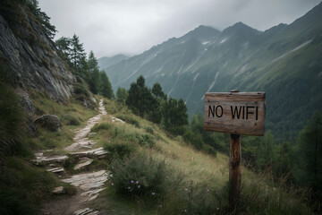 Wooden sign on mountain trail reads "NO WIFI" amid serene alpine scenery