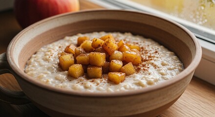 Rustic oatmeal bowl with cinnamon apples, a comforting and healthy breakfast idea for a cozy morning. Yummy!