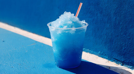 A refreshing blue slushy drips down the sides of a clear plastic cup, contrasting with the bright white