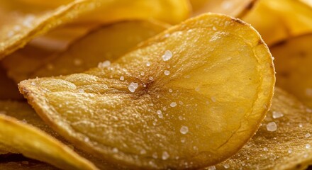 Macro shot of a crispy, golden potato chip sprinkled with coarse salt, highlighting its texture and simple flavor.