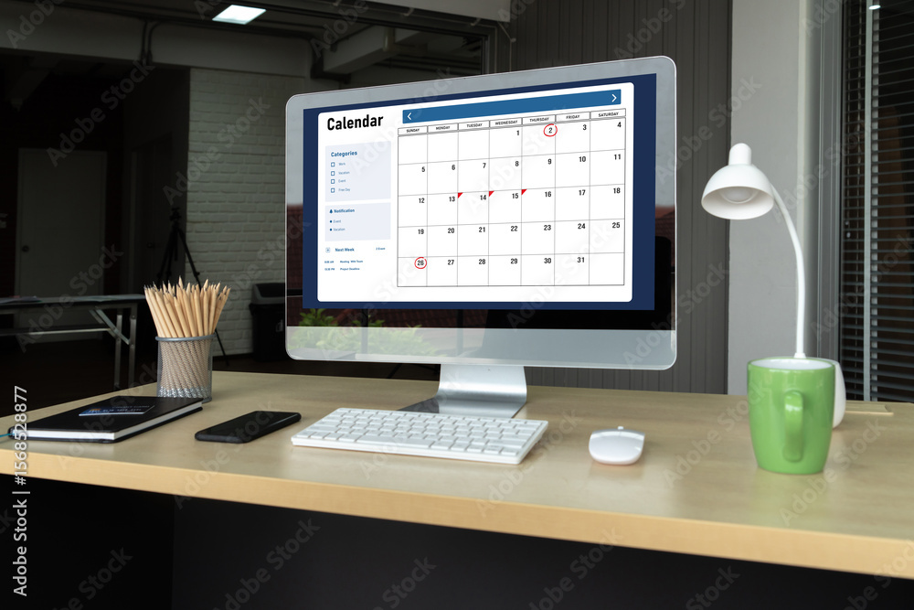 Poster calendar on computer software application for modish schedule planning for personal organizer and on