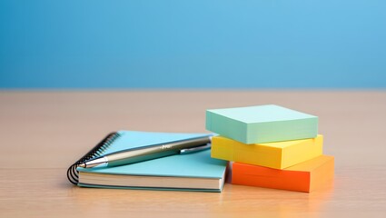Stock photo of blue notebook with pen and colorful sticky notes on wooden surface