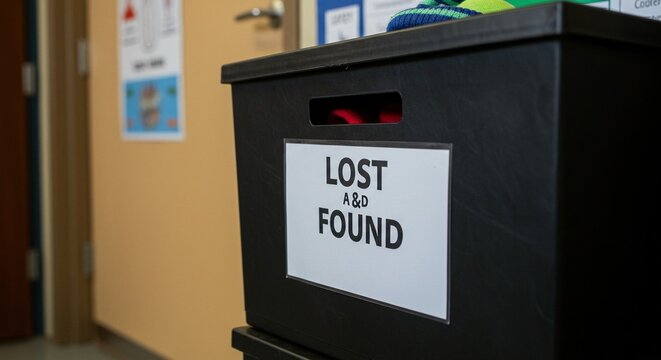 Black lost and found bin filled with items near a beige wall with a door and colorful signage visible in the background.