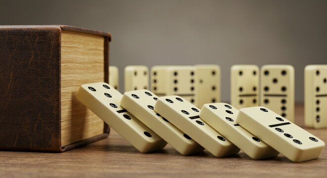 Chain reaction: A line of dominoes falling after being initiated by a book, symbolizing cascading events and consequences.