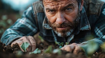 Fototapeta premium Intense farmer tending seedlings in dark soil, close-up, outdoors