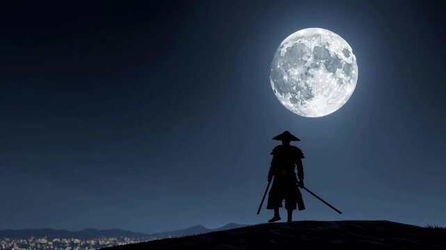 Samurai ronin stands tall on a hill with a view of the city at night with a full moon