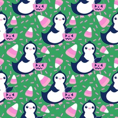 Halloween animals cartoon seamless penguin monsters pattern for wrapping and kids clothes print and party accessories