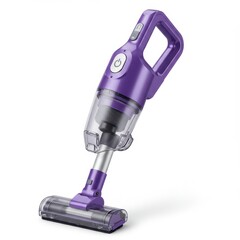 Sleek purple handheld cordless vacuum cleaner with transparent dust container, designed for efficient floor and carpet cleaning at home.