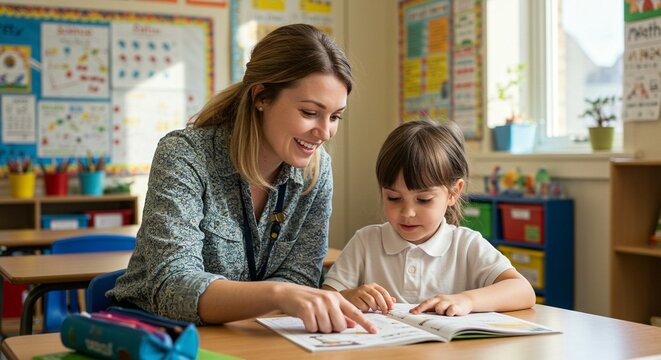 Teacher helps young student reading a book in a classroom, pointing to the page while the child looks at the words.