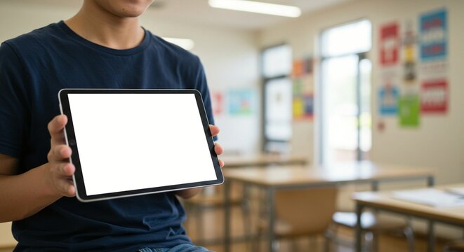 Student holding a blank tablet display in a classroom environment, perfect for educational technology promotions.