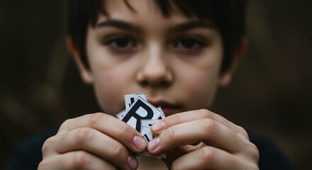 Fototapeta premium Boy holds letter tiles up close to his face, with a blurry dark background for an emotional moment, study.