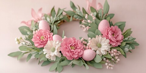 Elegant floral Easter wreath with pastel eggs on pink background