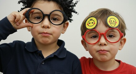 Two young boys pose playfully wearing oversized glasses and a smiley face sticker, exhibiting childhood humor and creativity.