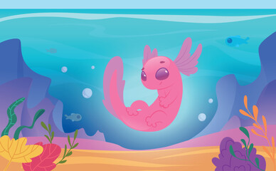 Axolotl. Cartoon background illustration with cute pink amphibian exact vector template