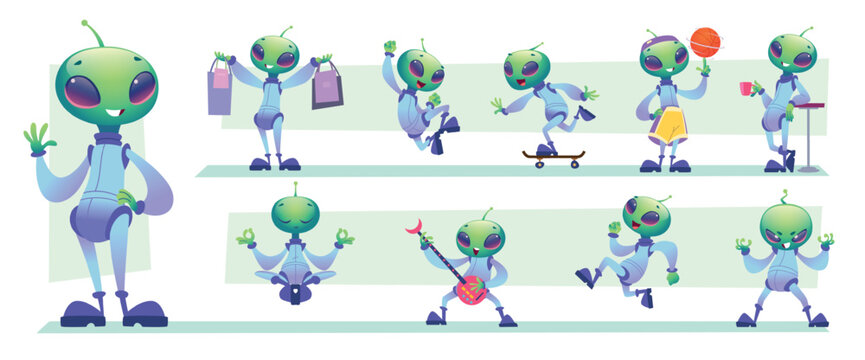 Aliens. Cartoon mascot in action poses walking riding jumping exact vector cute character space alien