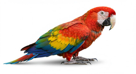Scarlet macaw side view with vibrant feathers on white background