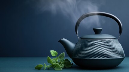 Steaming Black Cast Iron Teapot with Fresh Herbs