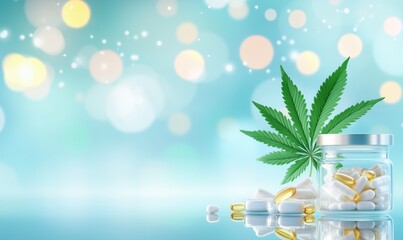 Cannabis Leaf and Medical Pills with Bokeh Lights on Blue Background