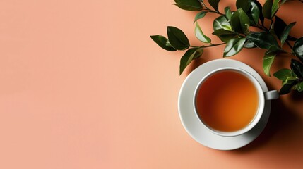 Inviting Cup of Amber Tea with Fresh Green Leaves on a Peach Background