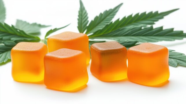 Orange Cannabis Gummies and Green Leaves on White Background