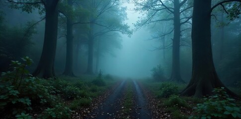 Eerie Misty Forest Path Disappearing into Fog, Perfect for Halloween, Mystery, or Fantasy