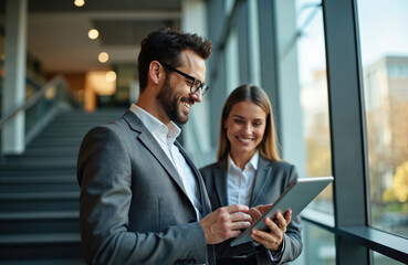 Business colleagues collaborating in office setting. Man and woman smile while looking at tablet, discussing work. They are professionally dressed and appear engaged in successful team discussion.