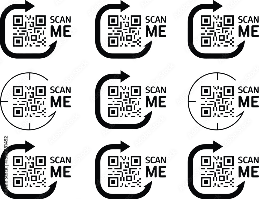 Poster collection of qr code scan me icons with arrows and target circles