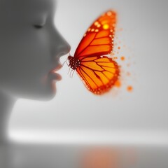 Obraz premium Monarch butterfly near female face silhouette, soft light, elegant line art, white background